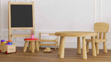 Kindergarten classroom with wooden furniture, Kids learning desk with chalkboard, Pre-school, playroom. 3d rendering, 3d illustration