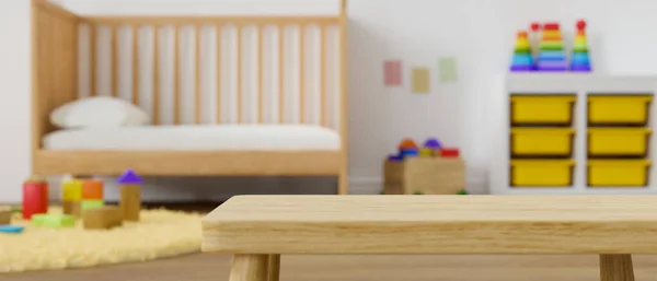 Концепція Дитячої Спальні Дерев Яний Стіл Копіюванням Простору Над Розмитою — стокове фото