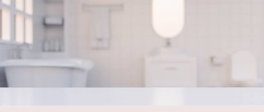 Arka planda beyaz masa üstüne beyaz, bulanık, beyaz banyo kaplamasını kopyala. 3d görüntüleme, 3d illüstrasyon