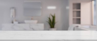 Ürünleriniz için arkaplandaki modern beyaz banyo kapağının üstündeki mermer beyaz banyo tezgahına alanı kopyalayın. 3d görüntüleme, 3d illüstrasyon