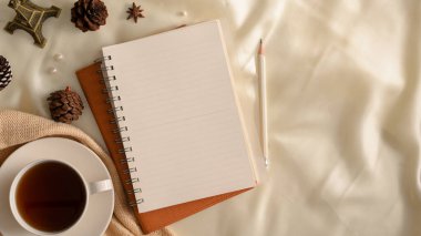 Üst görünüm bir spiral defter, kahve fincanı, kozalaklar ve beyaz arkaplan üzerine kopyalama alanı. 