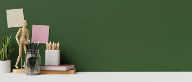 Yakın plan resim, Modern çalışma alanı ya da aksesuarlı çalışma masası ve masa üstünüzdeki ürününüz için çalışma alanı şık yeşil duvar kağıdının üzerinde. 3d görüntüleme, 3d illüstrasyon