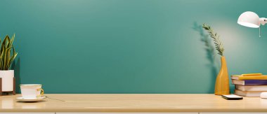 Ofis çalışma alanı ofis malzemeleriyle dolu ve ahşap masadaki montaj için yeşil duvarın üzerinde yer var. 3d görüntüleme, 3d illüstrasyon