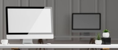 Bilgisayar masaüstü boş ekran modeliyle modern şık ofis stüdyosu ve bulanık ofis arkaplanı üzerinden beyaz masaüstü montaj için alanı kopyalamak. 3d görüntüleme, 3d illüstrasyon