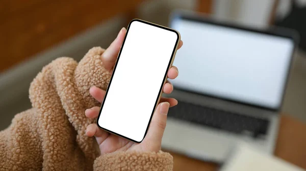 Close Image Female Fluffy Cozy Brown Sweater Holding Modern Smartphone — Stock Photo, Image