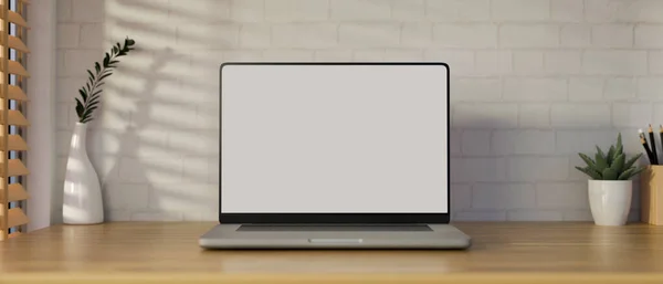 Közelkép Egy Hordozható Notebook Laptop Számítógép Fehér Képernyő Mockup Megjelenítéséhez — Stock Fotó