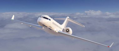 Gökyüzünde uçan bir yolcu uçağı, mavi gökyüzünde inanılmaz bulutları olan özel bir jet. Seyahat ulaşımı konsepti. 3d görüntüleme, 3d illüstrasyon