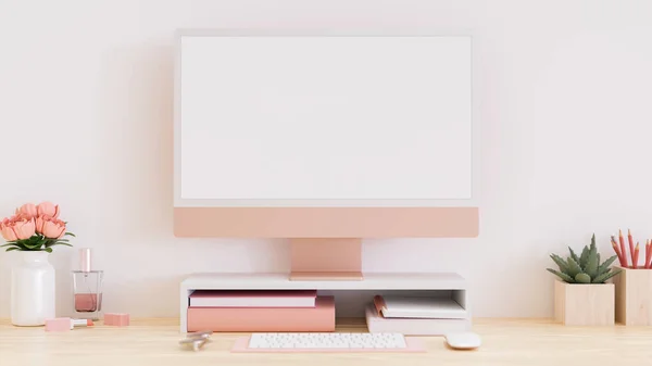Design Espaço Trabalho Escritório Rosa Elegante Com Computador Rosa Pastel — Fotografia de Stock