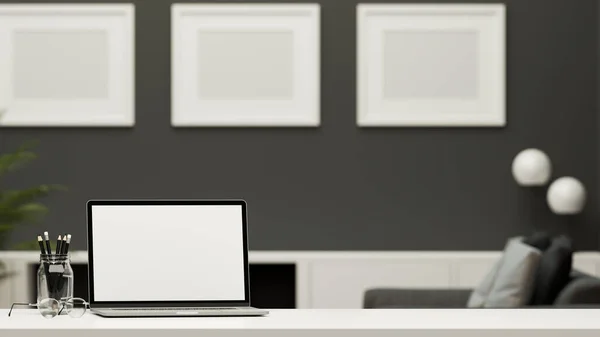Modern Modern Modern Hemmakontor Skrivbord Med Bärbar Bärbar Bärbar Laptop — Stockfoto