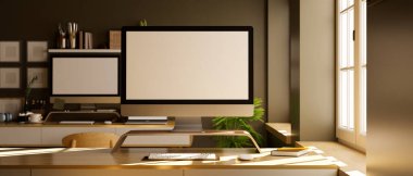 Bilgisayarlı, boş ekran maketi ve pencerenin yanında ofis malzemeleri olan modern, açık bir ofis stüdyosu. 3d görüntüleme, 3d illüstrasyon 