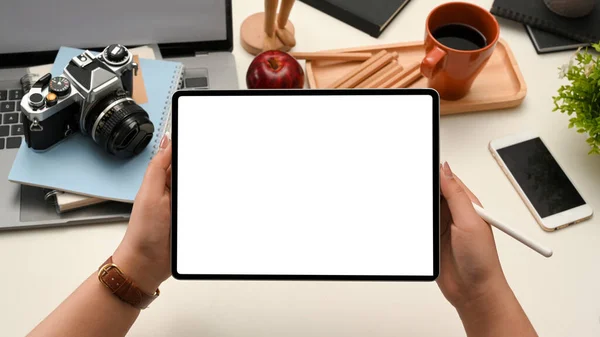 Cyfrowy Touchpad Tablet Biały Ekran Makieta Montażu Obrazu Graficznego Ekranie — Zdjęcie stockowe