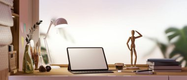 Yakın plan, portatif tablet beyaz ekran maketi, boya aletleri, bir fincan kahve, dekor ve ahşap masa aksesuarları olan modern ev ofis çalışma alanı. 3d görüntüleme, 3d illüstrasyon
