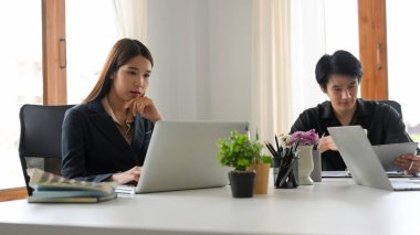 Konsantre Asyalı kadın asyalı yardımcı laptopa bakıyor ve yönetim kurulu üyeleriyle resmi bir toplantı yapıyor..