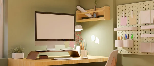 现代最小的家庭工作空间在苍白的绿色房间与空白的计算机桌面模型和配件在木桌上 现代装饰在墙上 3D渲染 3D说明 — 图库照片