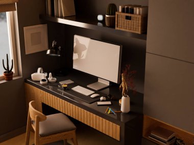 Zarif modern çalışma alanı bilgisayar modeli, akıllı telefon, VR kulaklık ve aksesuarlı masa. 3d görüntüleme, 3d illüstrasyon