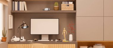 Yakın plan, aksesuar, dekor ve bilgisayar beyaz ekran modeliyle modern minimal çalışma alanı bilgisayar masası. 3d görüntüleme, 3d illüstrasyon