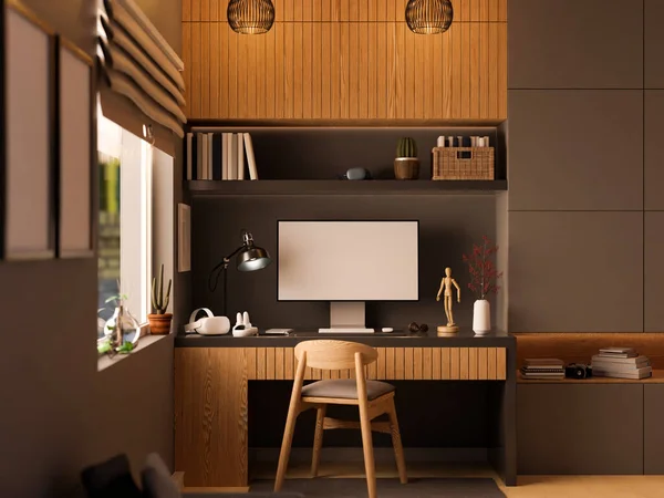 Design Interiores Moderna Estação Trabalho Casa Com Mobiliário Embutido Computador — Fotografia de Stock