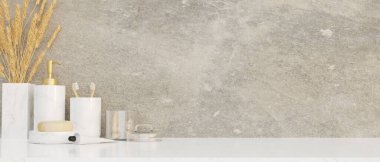 Yakın plan, banyo tezgahı lüks banyo ürünleri konteynırları ve modern tavan arasına kopyalama alanı. Seramik beyaz mermer şampuan şişesi, sabun, vazo. 3d görüntüleme, 3d illüstrasyon