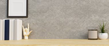 Parlak ahşap masa üstünde, boş çerçeveli gri çatı katı duvarına karşı fotokopi alanı olan asgari modern tavan arası. 3d görüntüleme, 3d illüstrasyon