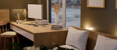Arka manzara, modern konforlu daire ya da yatak odasının içindeki çalışma alanı modern ahşap çalışma masası, bilgisayar maketi, rahat yatak ve dekorasyonlar. 3d görüntüleme, 3d illüstrasyon