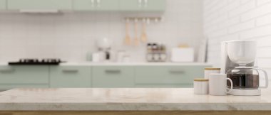 Kahve makinesi, şeker şişesi, kahve fincanı ve ürün sergisi için fotokopi alanı olan lüks mermer mutfak tezgahı arka planda bulanık modern mutfak alanına karşı. 3d görüntüleme, 3d illüstrasyon