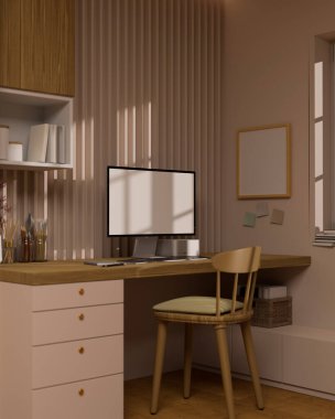 Modern kadınsı çalışma alanı, şık ahşap masa, bilgisayar beyaz ekran modeli, rahat ahşap sandalye ve dekor. 3d görüntüleme, 3d illüstrasyon