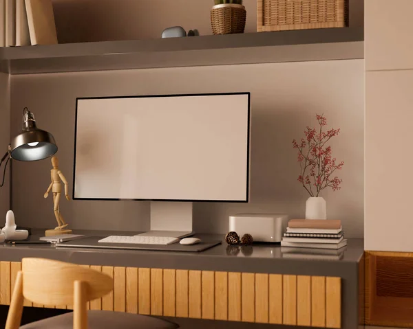 快適な職場 Pcのデスクトップコンピュータの白い画面のモックアップとホームデザイナーと現代的なスタイリッシュな家庭のオフィスのインテリア クローズアップ画像 3Dレンダリング 3Dイラスト — ストック写真