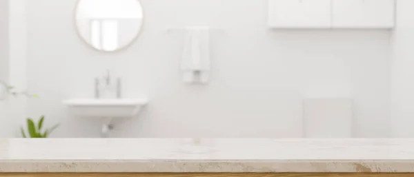 奢华的白色大理石浴室台面与复印空间 您的产品展示在模糊的白色和清洁的浴室 3D渲染 3D说明 — 图库照片