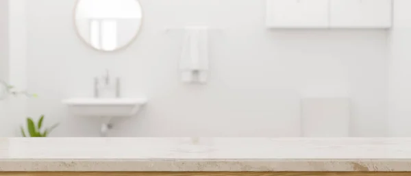 Lüks beyaz mermer banyo tezgahı. Montaj için fotokopi alanı var. Ürününüz beyaz ve temiz banyonun üzerinde. 3d görüntüleme, 3d illüstrasyon