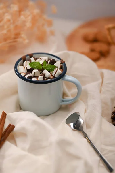 Sabroso Relleno Chocolate Caliente Con Malvavisco Diminuto Menta Una Taza —  Fotos de Stock