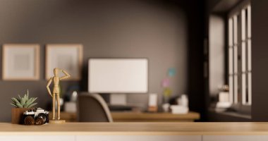 Yakın plan, kameralı ahşap masa üstü, kozalaklar, ahşap figür, dekor fabrikası ve arka plandaki bulanık modern ofis çalışma alanına karşı ürün sergisi için kopyalama alanı. 3d görüntüleme, 3d illüstrasyon