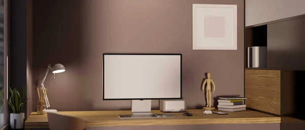 Mesa Madeira Moderna Com Computador Desktop Mockup Lâmpada Mesa Figura — Fotografia de Stock