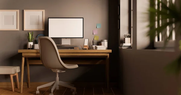 木製のテーブル スタイリッシュな椅子や装飾 グレーの壁に最小限のフレームモックアップ上のコンピュータモックアップと現代的な都市のトレンディーなワークステーションのインテリアデザイン 3Dレンダリング 3Dイラスト — ストック写真
