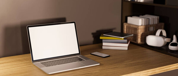 Close-up, Workspace with laptop computer white screen mockup, smartphone, stack of books and decor on wood table. 3d rendering, 3d illustration