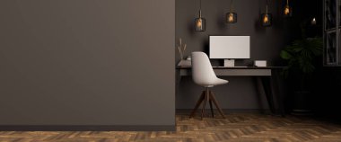 Bilgisayar masası olan modern lüks bir iş yeri ve siyah boş duvar arka planında metninizi göstermek için bir maket alanı. 3d görüntüleme, 3d illüstrasyon