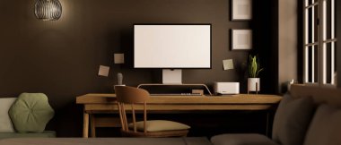 Modern moda ofis iç mimarisi, ahşap bir masada beyaz ekran bilgisayar modeli ve siyah duvar arka planında şık yeşil kanepe. 3d görüntüleme, 3d illüstrasyon