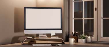 Geceleri modern ofis çalışma alanı pencereye karşı bilgisayar ekranı ve aksesuarları olan bilgisayar modeliyle kapatılır. 3d görüntüleme, 3d illüstrasyon