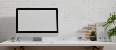 Beyaz tuğlalı duvar odasında rahat çalışma alanı bilgisayar boş masaüstü maketi, kulaklık, ofis malzemeleri, iç mekan ve masa üzerinde fotokopi alanı. 3d görüntüleme, 3d illüstrasyon