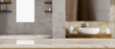 Arka plandaki şık banyonun üstündeki mermer banyo masasında ürün sergileriniz için montaj alanı. 3d görüntüleme, 3d illüstrasyon