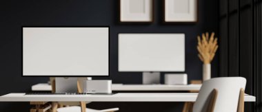 Bilgisayarlı modern ofis odası modeli, klavye, arka planda bulanık ofis çalışma alanı ile beyaz masa üstüne kopyalama alanı. 3d görüntüleme, 3d illüstrasyon