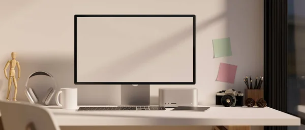 白の壁に対してテーブルの上にPcのデスクトップモックアップとオフィスアクセサリーと現代の白いワークスペースコンピュータ机 3Dレンダリング 3Dイラスト — ストック写真