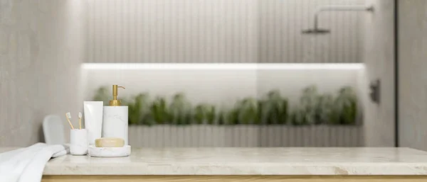 Luxo Mesa Banheiro Mármore Com Recipientes Produtos Mármore Espaço Cópia — Fotografia de Stock