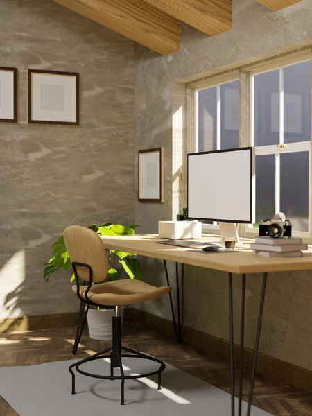 Spazio Lavoro Scandinavo Contemporaneo Con Computer Accessori Tavolo Legno Elegante — Foto Stock