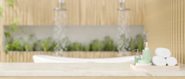Yakın plan, banyo masası, banyo aletleri seti, el havluları ve montaj ürünleri sergisi için fotokopi alanı, lüks, ferah banyo arka planı. 3d görüntüleme, 3d illüstrasyon