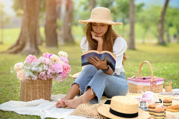 Attractive Asian Young Woman Reading Book Beautiful Green Garden Relaxing Stock Image