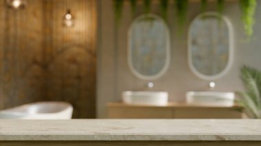 Arka planda modern lüks banyolara karşı ürün sergilerinizi montaj için fotokopi alanı olan stil çimento masa. 3d görüntüleme, 3d illüstrasyon