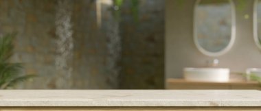 Kurgu için boş alan modern banyo masasındaki ürününüz arka plandaki bulanık banyo içi ile karşılaştırıldığında. 3d görüntüleme, 3d illüstrasyon