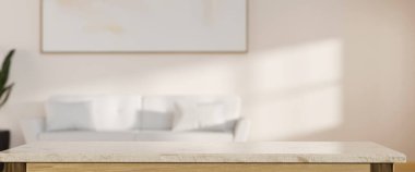 Kurgu için modern masaüstünde boş bir alan. Ürününüzün görüntüsü arka planda rahat bir kanepe bulunan bulanık, parlak oturma odasının üzerinde. 3d görüntüleme, 3d illüstrasyon 