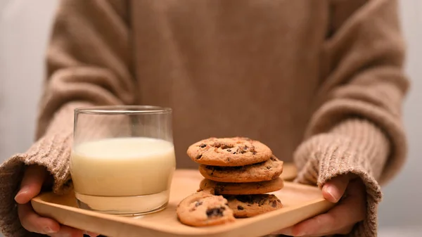Close Female Cozy Warm Sweater Holding Tray Breakfast Glass Milk — Stock Photo, Image