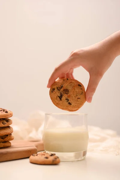 Female Hand Holding Homemade Chocolate Chip Cookie Glass Milk Baked — Stock Photo, Image